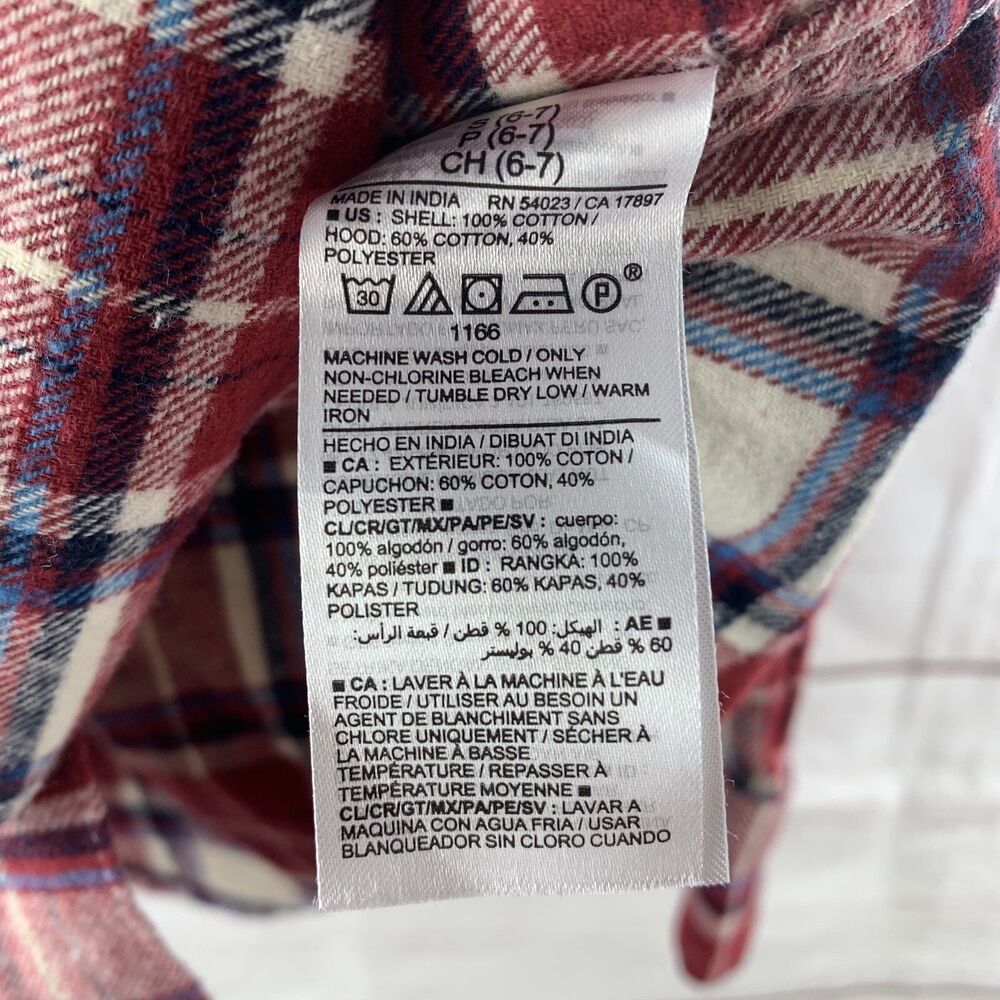 Old Navy Boys Shirt Kids Plaid Flannel Hooded Buttons Red Fleece Cowboy 6 7 S - Picture 7 of 12